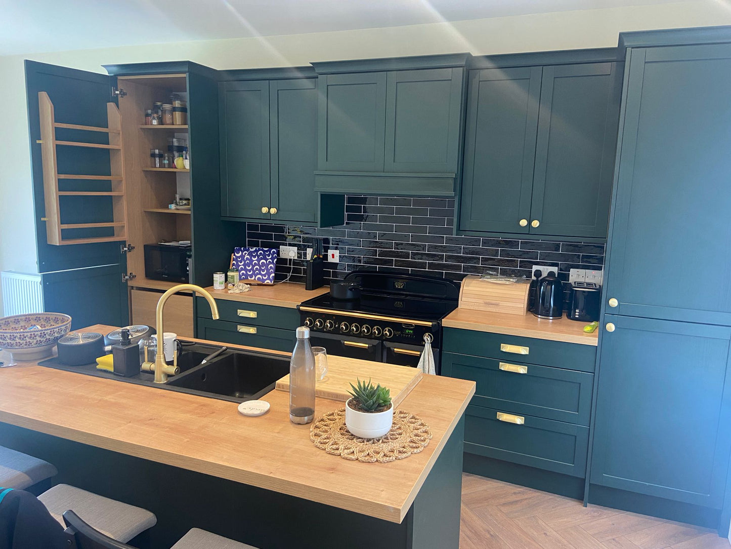 Forest Green Kitchen with Oak Worktop